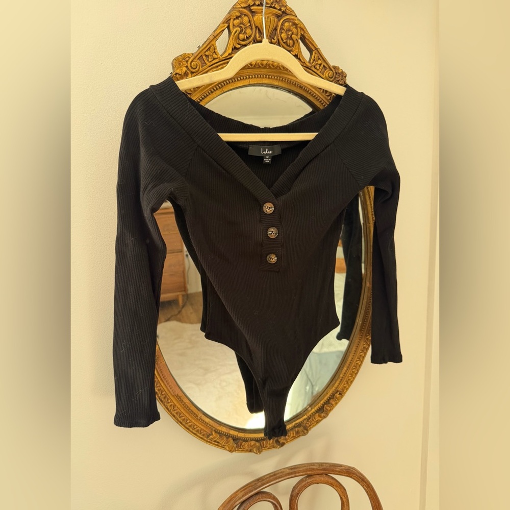 Lulu’s Off-Shoulder Black Ribbed Button-Front Bodysuit - Picture 2 of 2